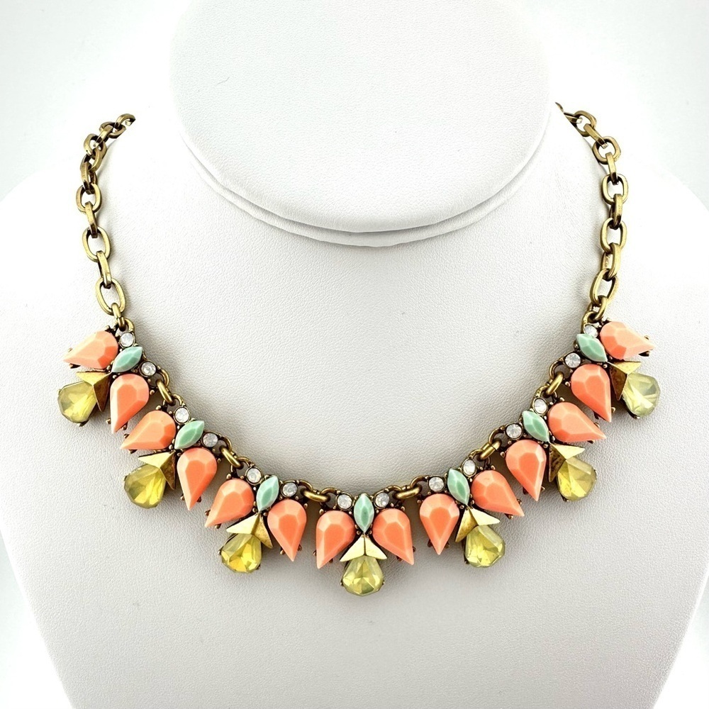 J Crew Necklace Peach, Light Blue & Opalescent Statement w Gold Link Chain